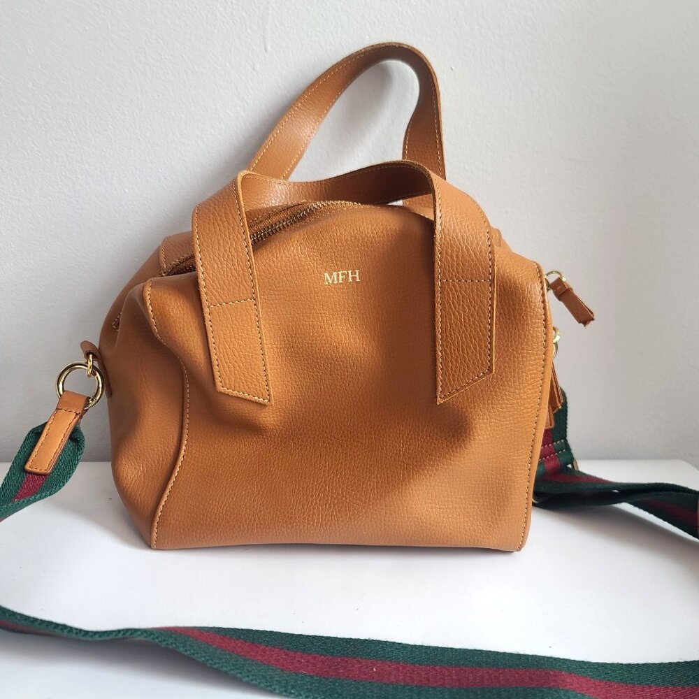 Mark & Graham Italy Tan Leather Satchel Shoulder Bag w Stripe Strap Monogram MFH